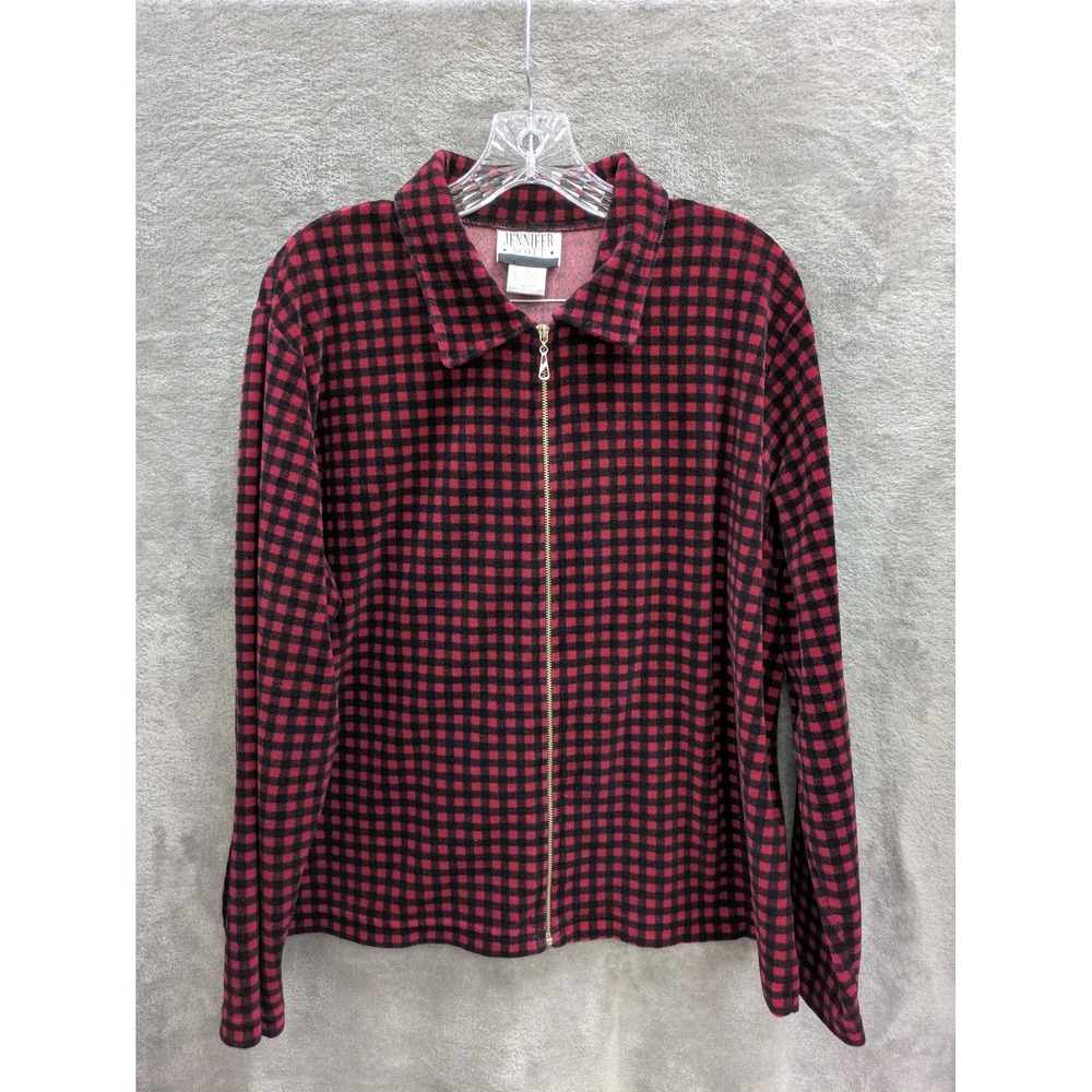 Jennifer Scott Full Zip Velour Jacket Women's XL Red‎ Black Check